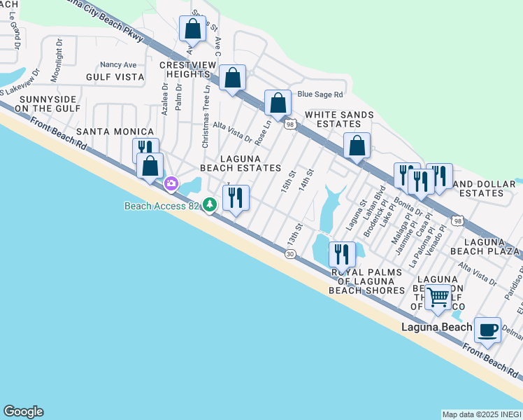 map of restaurants, bars, coffee shops, grocery stores, and more near 124 16th Street in Panama City Beach