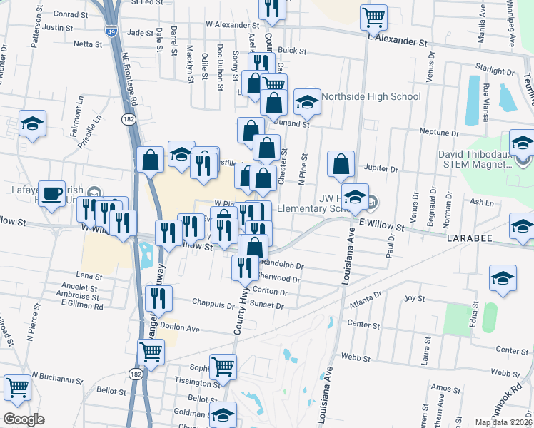 map of restaurants, bars, coffee shops, grocery stores, and more near 110 East Pine Street in Lafayette