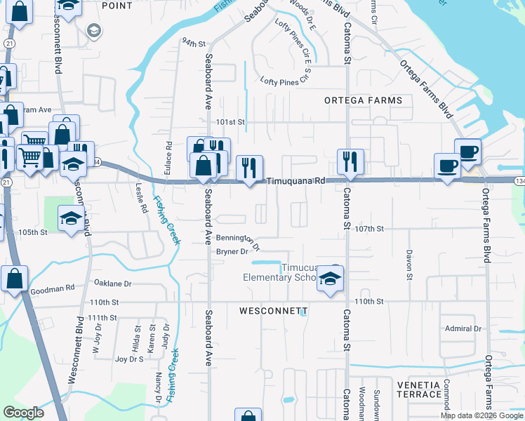 map of restaurants, bars, coffee shops, grocery stores, and more near 5550 Timuquana Road in Jacksonville