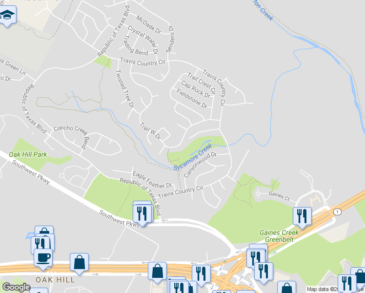 map of restaurants, bars, coffee shops, grocery stores, and more near 4621 Trail West Drive in Austin