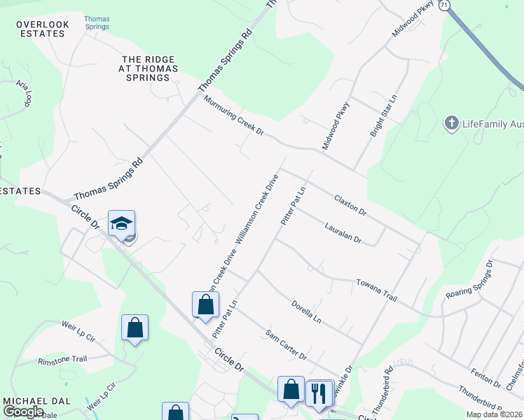 map of restaurants, bars, coffee shops, grocery stores, and more near 7607 Williamson Creek Drive in Austin