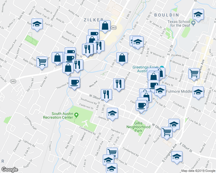map of restaurants, bars, coffee shops, grocery stores, and more near 2112 South 5th Street in Austin