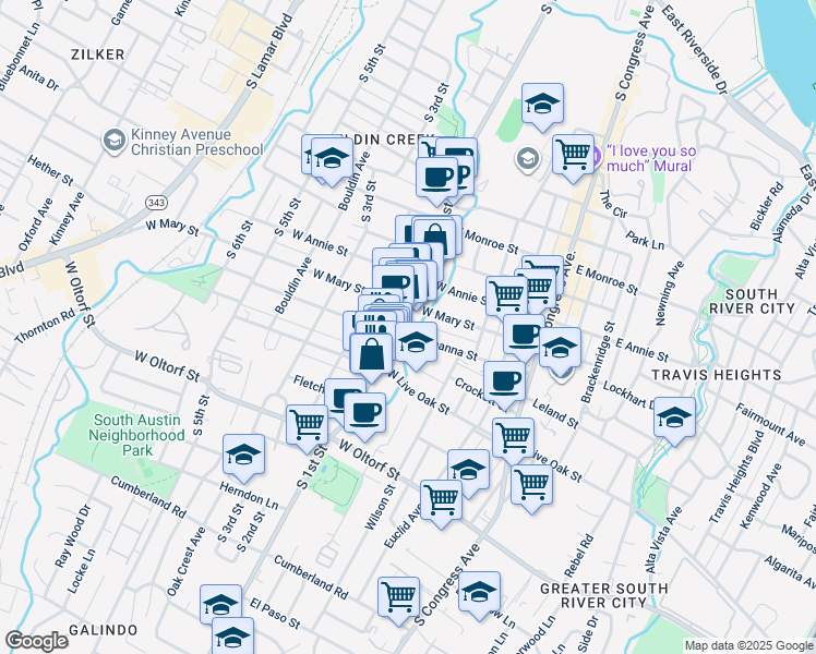 map of restaurants, bars, coffee shops, grocery stores, and more near 1811 South 1st Street in Austin