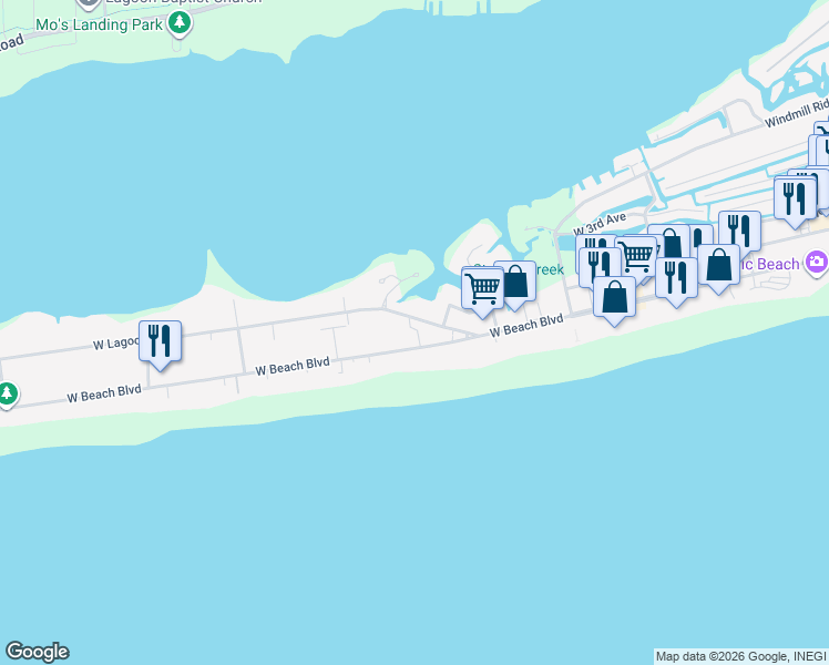 map of restaurants, bars, coffee shops, grocery stores, and more near 938 West Beach Boulevard in Gulf Shores