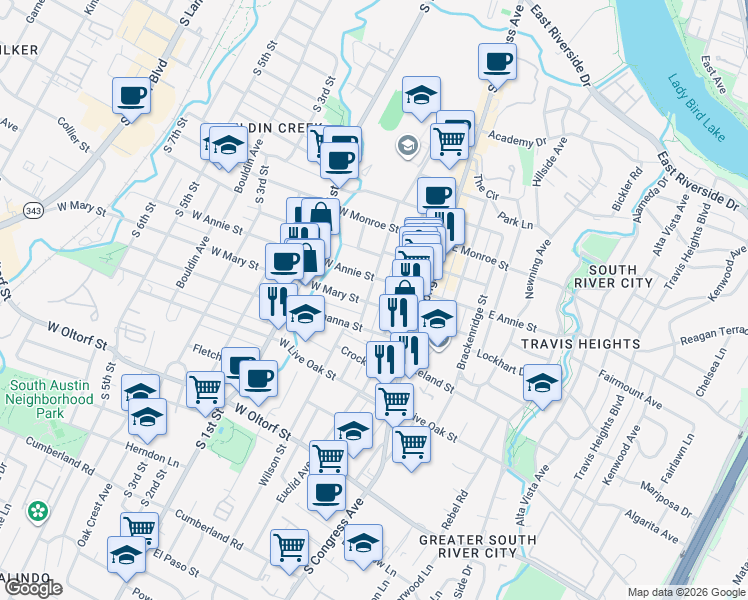 map of restaurants, bars, coffee shops, grocery stores, and more near 1811 Newton Street in Austin