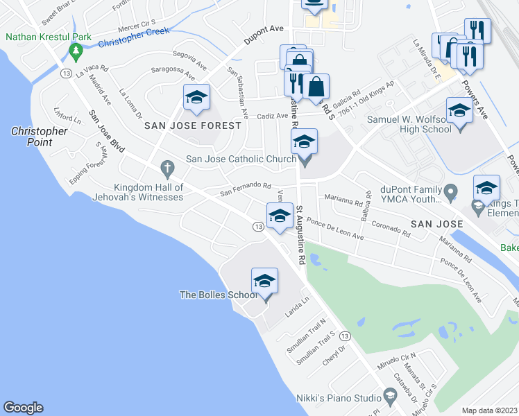 map of restaurants, bars, coffee shops, grocery stores, and more near 7321 Anjou Place in Jacksonville