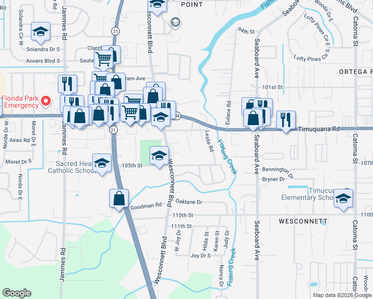 map of restaurants, bars, coffee shops, grocery stores, and more near 5562 Lyle Lane in Jacksonville