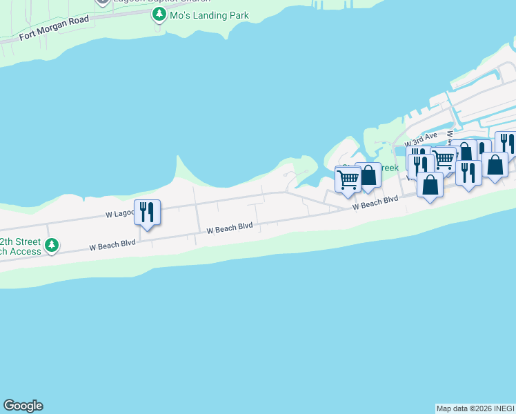 map of restaurants, bars, coffee shops, grocery stores, and more near 116 W 9th St in Gulf Shores