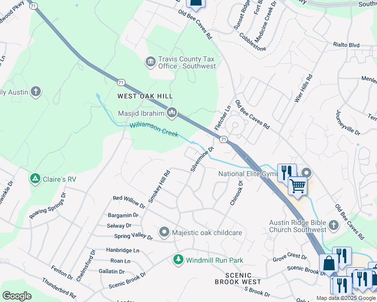 map of restaurants, bars, coffee shops, grocery stores, and more near 6718 Silvermine Drive in Austin