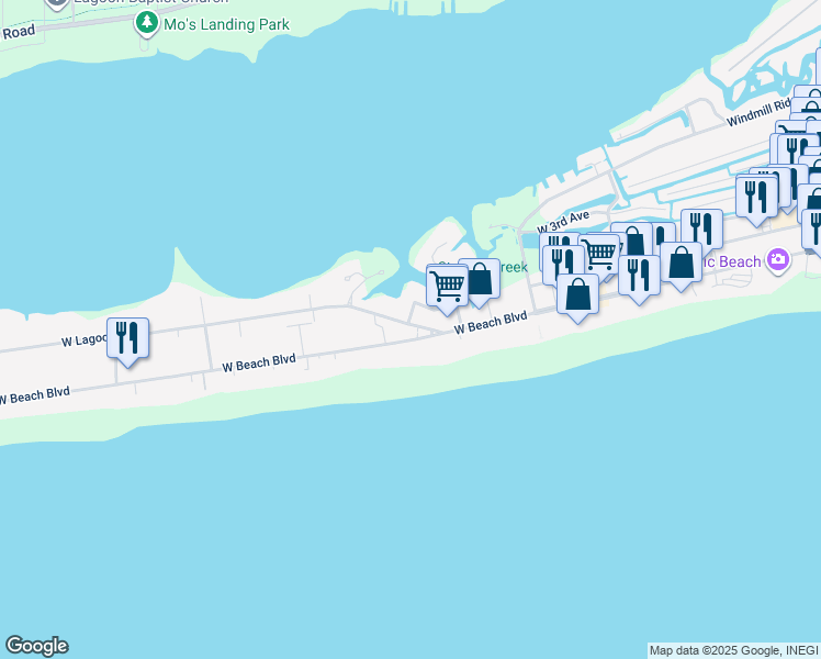 map of restaurants, bars, coffee shops, grocery stores, and more near 211 West Lagoon Avenue in Gulf Shores