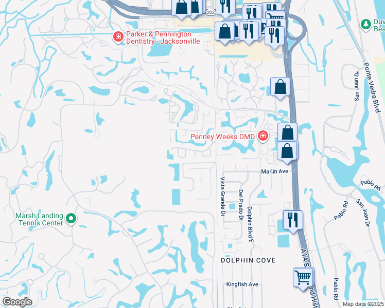 map of restaurants, bars, coffee shops, grocery stores, and more near 906 Marsh Cove Place in Ponte Vedra Beach