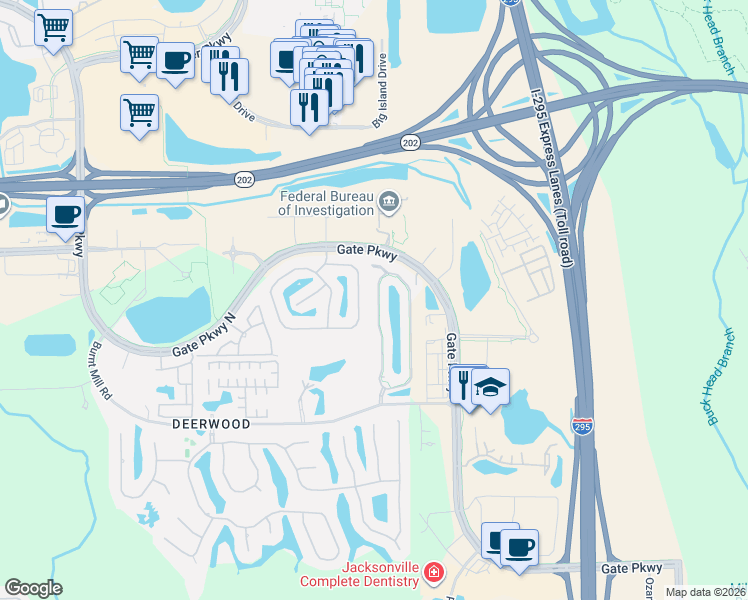 map of restaurants, bars, coffee shops, grocery stores, and more near 7484 Scarlet Ibis Lane in Jacksonville