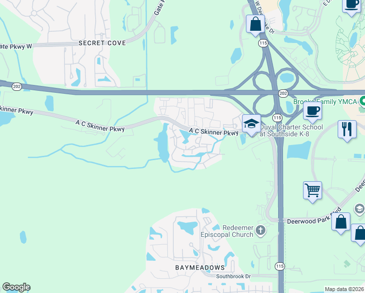 map of restaurants, bars, coffee shops, grocery stores, and more near 8201 Green Parrot Road in Jacksonville