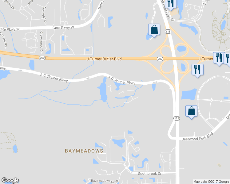map of restaurants, bars, coffee shops, grocery stores, and more near 8201 Green Parrot Road in Jacksonville