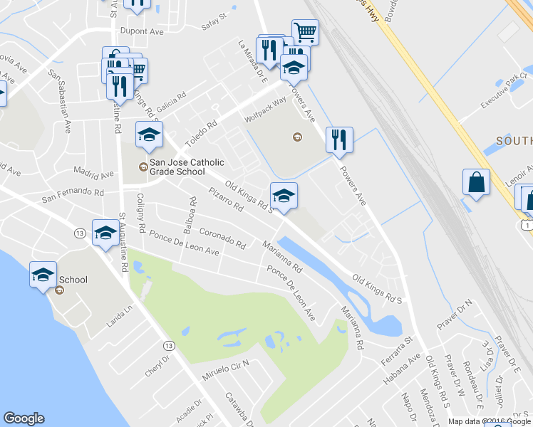 map of restaurants, bars, coffee shops, grocery stores, and more near 7352 Old Kings Road South in Jacksonville