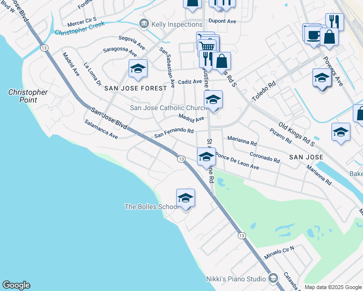 map of restaurants, bars, coffee shops, grocery stores, and more near 7321 Anjou Place in Jacksonville