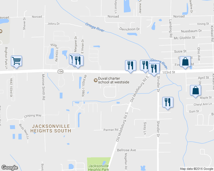 map of restaurants, bars, coffee shops, grocery stores, and more near 5723 Village Pond Circle in Jacksonville