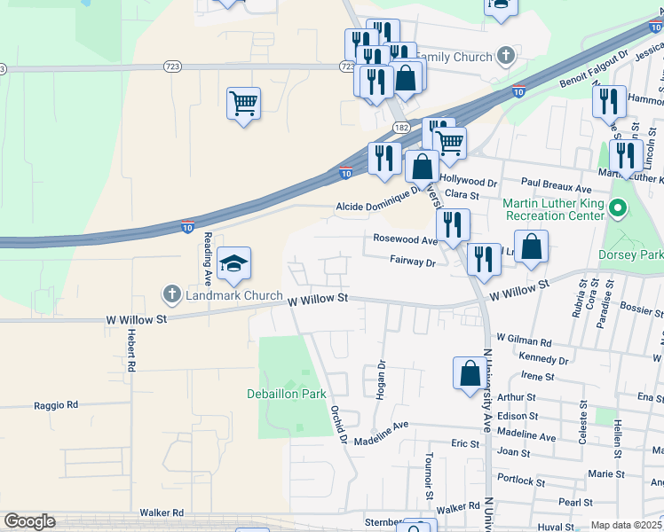 map of restaurants, bars, coffee shops, grocery stores, and more near 1408 West Willow Street in Lafayette