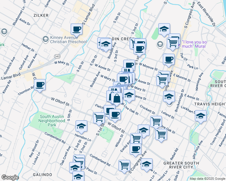 map of restaurants, bars, coffee shops, grocery stores, and more near 612a West Johanna Street in Austin