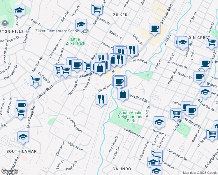 map of restaurants, bars, coffee shops, grocery stores, and more near 2107 Thornton Road in Austin