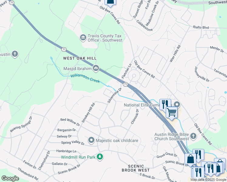 map of restaurants, bars, coffee shops, grocery stores, and more near 6718 Silvermine Drive in Austin