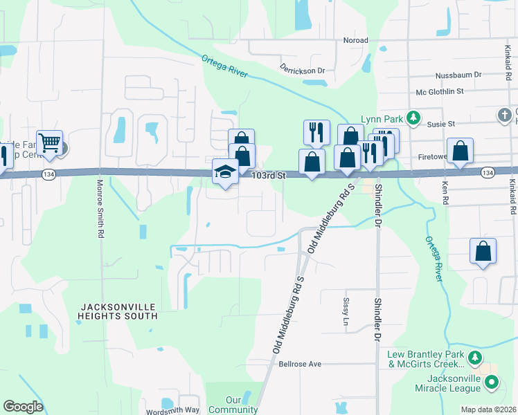 map of restaurants, bars, coffee shops, grocery stores, and more near 5482 Old Colony Drive in Jacksonville