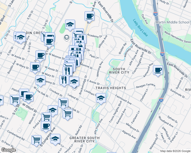 map of restaurants, bars, coffee shops, grocery stores, and more near 1701 Drake Avenue in Austin