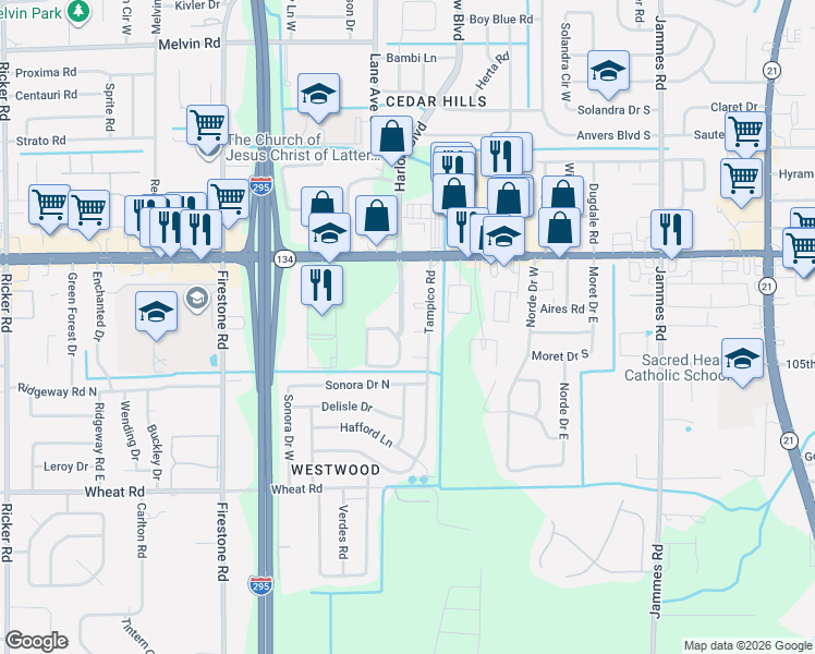 map of restaurants, bars, coffee shops, grocery stores, and more near 6863 Lubec Court in Jacksonville