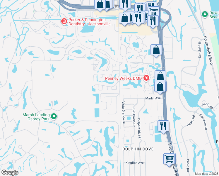 map of restaurants, bars, coffee shops, grocery stores, and more near 906 Marsh Cove Place in Ponte Vedra Beach