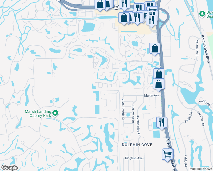 map of restaurants, bars, coffee shops, grocery stores, and more near 906 Marsh Cove Place in Ponte Vedra Beach