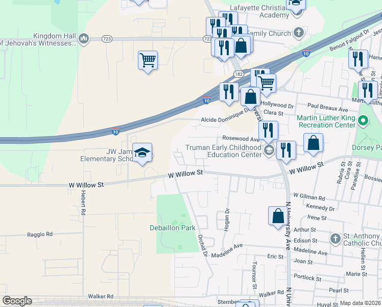 map of restaurants, bars, coffee shops, grocery stores, and more near 1408 West Willow Street in Lafayette