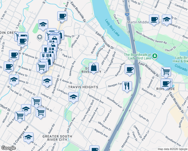 map of restaurants, bars, coffee shops, grocery stores, and more near 1502 Alta Vista Avenue in Austin