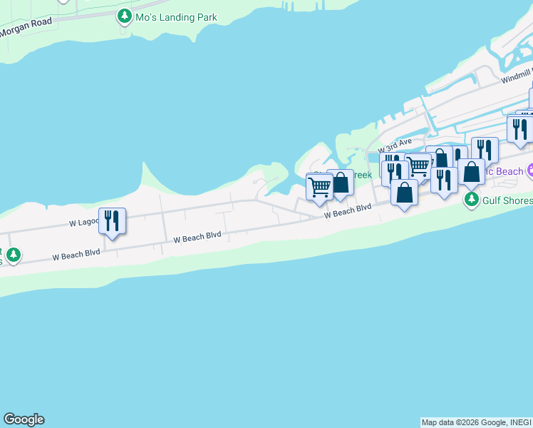map of restaurants, bars, coffee shops, grocery stores, and more near 938 West Beach Boulevard in Gulf Shores
