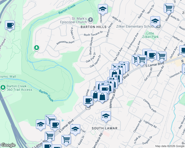 map of restaurants, bars, coffee shops, grocery stores, and more near 2907 Rae Dell Avenue in Austin
