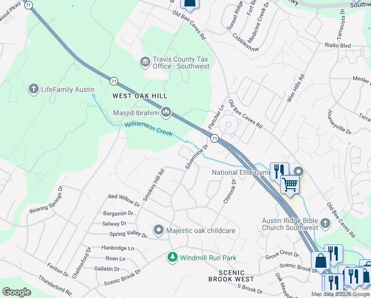map of restaurants, bars, coffee shops, grocery stores, and more near 6718 Silvermine Drive in Austin