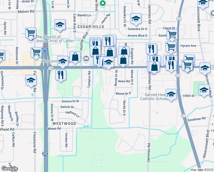 map of restaurants, bars, coffee shops, grocery stores, and more near 6650 103rd Street in Jacksonville