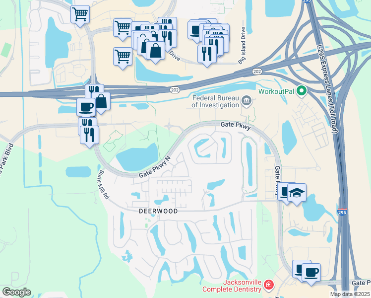 map of restaurants, bars, coffee shops, grocery stores, and more near 11197 Castlemain Circle East in Jacksonville
