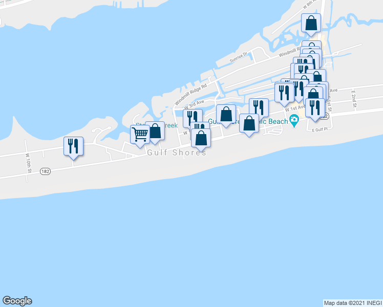map of restaurants, bars, coffee shops, grocery stores, and more near 613 West Beach Boulevard in Gulf Shores