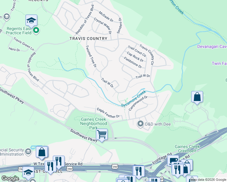 map of restaurants, bars, coffee shops, grocery stores, and more near 4600 Creek Ridge in Austin
