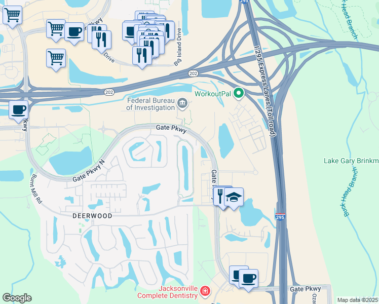 map of restaurants, bars, coffee shops, grocery stores, and more near 7482 Red Crane Lane in Jacksonville