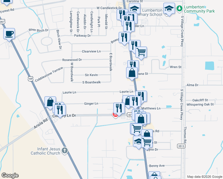 map of restaurants, bars, coffee shops, grocery stores, and more near 7780 Laurie Lane in Lumberton