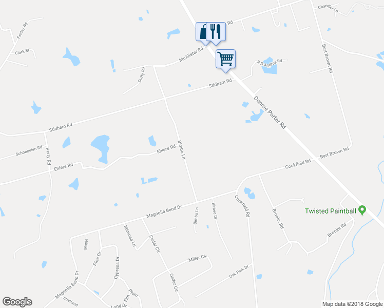 map of restaurants, bars, coffee shops, grocery stores, and more near 14355 Bimbo Lane in Conroe