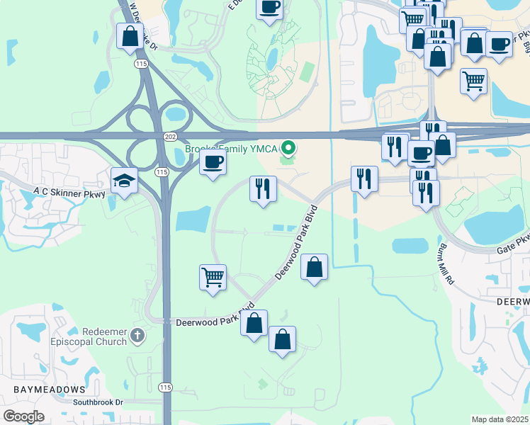map of restaurants, bars, coffee shops, grocery stores, and more near 10401 Deerwood Park Boulevard in Jacksonville