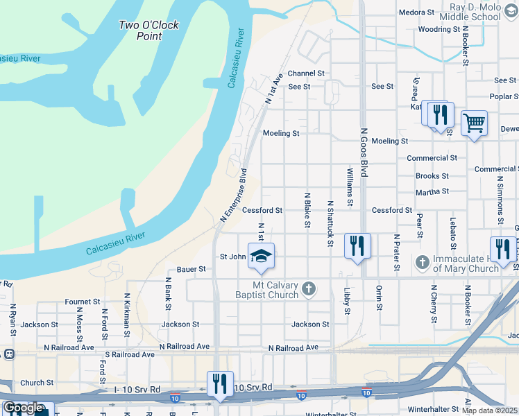 map of restaurants, bars, coffee shops, grocery stores, and more near 702 North 1st Avenue in Lake Charles