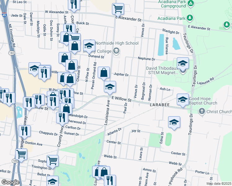 map of restaurants, bars, coffee shops, grocery stores, and more near 711 East Willow Street in Lafayette