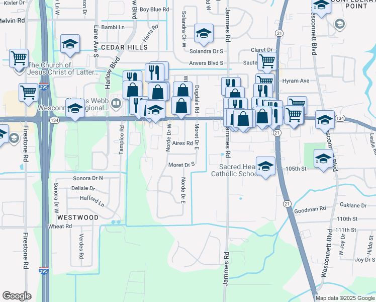 map of restaurants, bars, coffee shops, grocery stores, and more near 5556 Moret Drive East in Jacksonville
