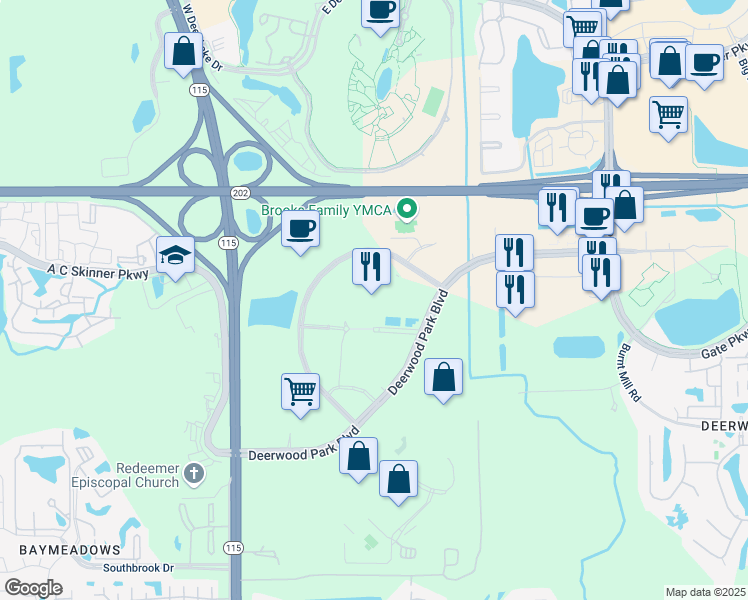 map of restaurants, bars, coffee shops, grocery stores, and more near 10401 Deerwood Park Boulevard in Jacksonville