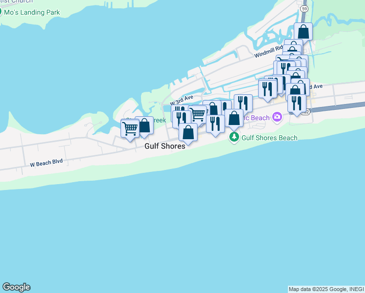 map of restaurants, bars, coffee shops, grocery stores, and more near 613 West Beach Boulevard in Gulf Shores
