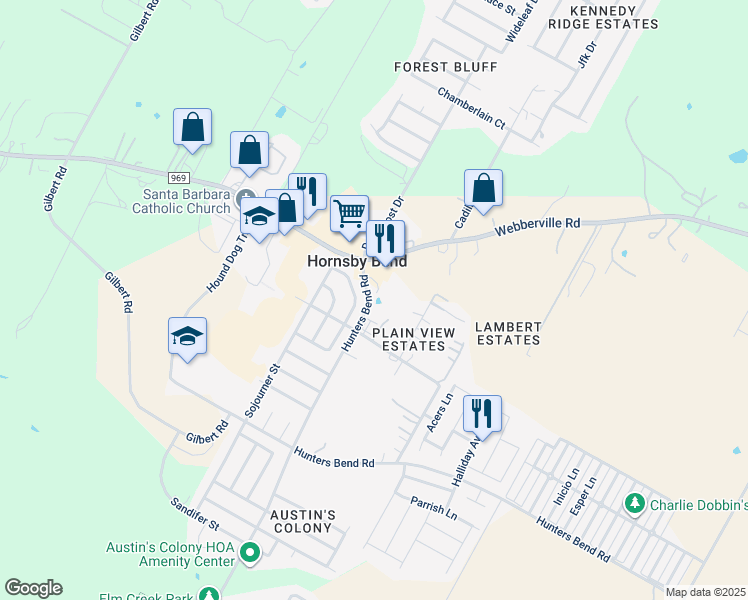 map of restaurants, bars, coffee shops, grocery stores, and more near 14320 Hunters Bend Road in Austin