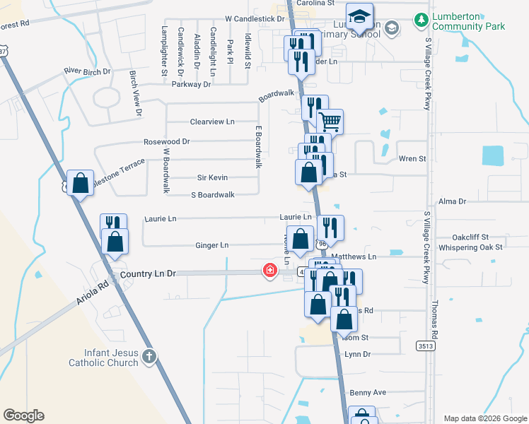 map of restaurants, bars, coffee shops, grocery stores, and more near 7780 Laurie Lane in Lumberton
